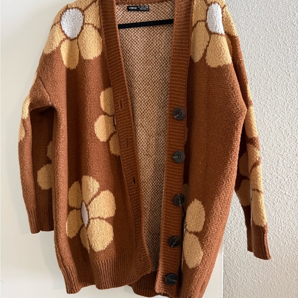 SHEIN Sweaters - SHEIN Brown Floral Knit Cardigan